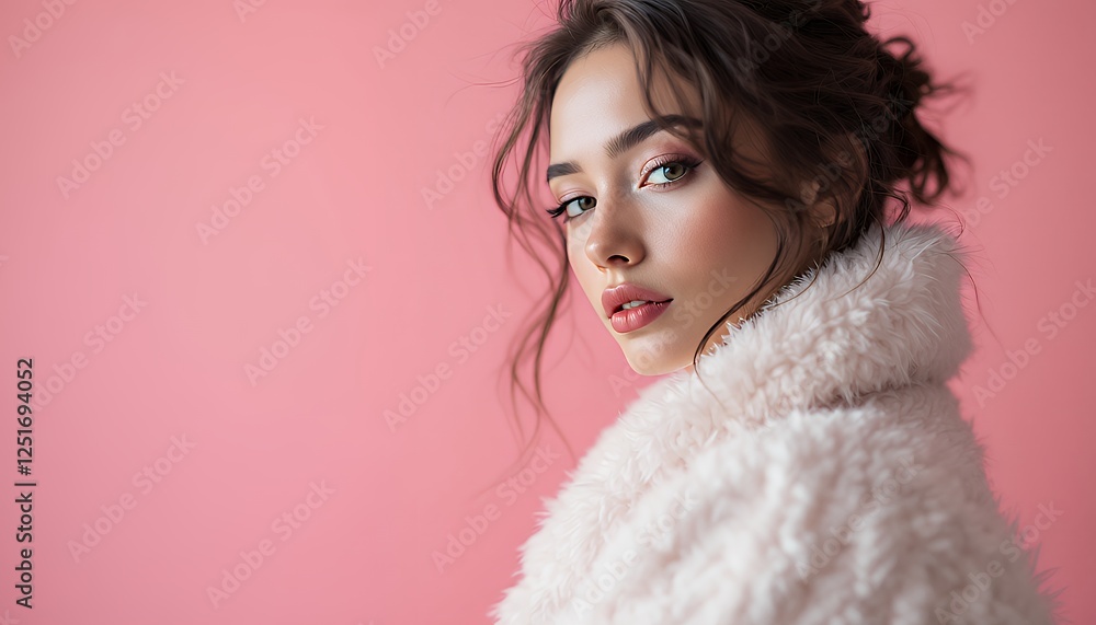 Portrait of Elegant Woman in Fluffy Coat Against Soft Pink Background Portrait of Elegant Woman in Fluffy Coat Against Soft Pink Background