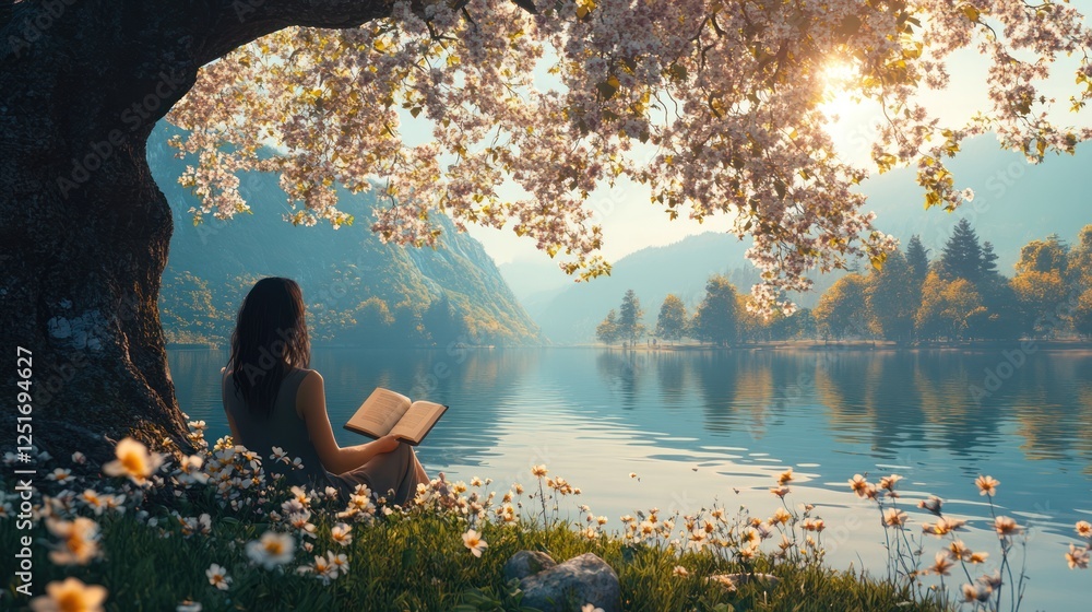 Woman reading book, serene lake, spring blossoms, sunrise Woman reading book, serene lake, spring blossoms, sunrise