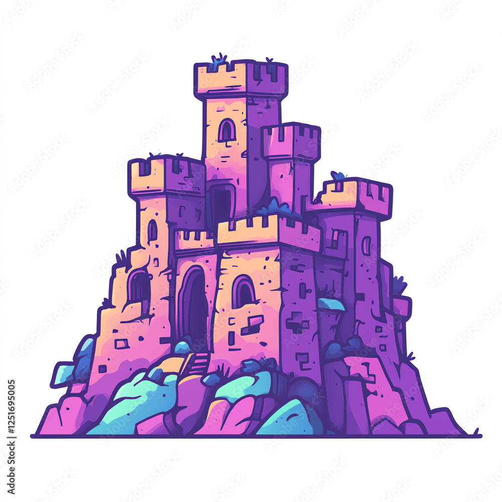 A vibrant illustration of a classic castle perched on rocky terrain, adorned with whimsical towers A vibrant illustration of a classic castle perched on rocky terrain, adorned with whimsical towers