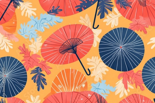 Playful cartoon-like illustrations of Japanese umbrellas in seamless vector pattern, bright background enhancing joyful mood, cheerful design perfect for fun projects, joy evident in every detail photo