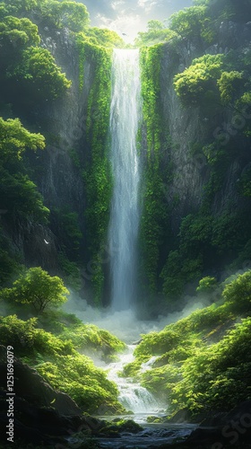 Serene Waterfall in Lush Green Nature Landscape