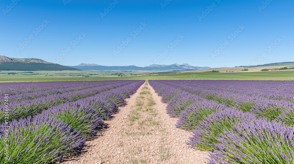 Lavender field pathway, mountains, sunny day, rural landscape, scenic view, perfect for background use Lavender field pathway, mountains, sunny day, rural landscape, scenic view, perfect for background use