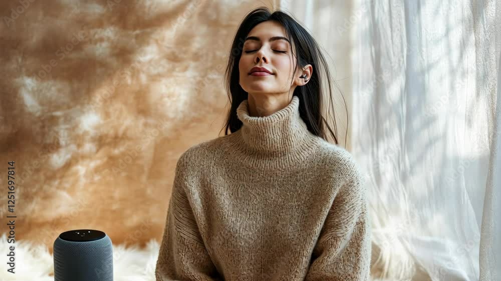 Photo of a beautiful woman meditating in a beige sweater with closed eyes, sitting on a white fur rug near a wall and looking at a smart speaker with a happy expression, 