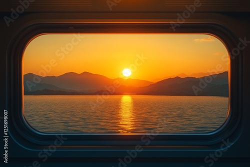 Golden Sunset Panorama Viewed Through a Train Window Serene Mountain and Sea at Dusk