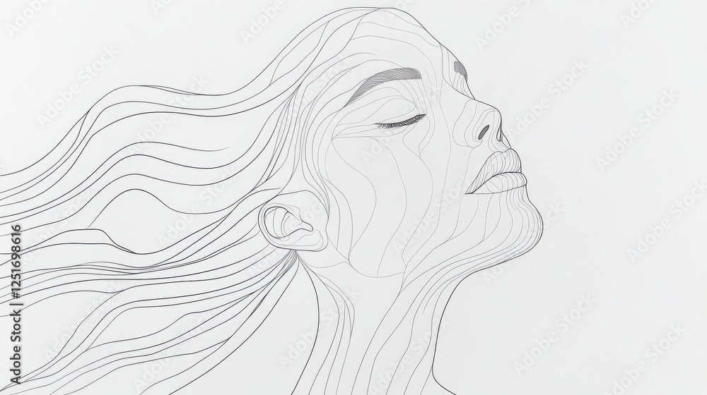 A delicate line art drawing of a serene female face, created with continuous, flowing strokes, evoking simplicity and beauty in a minimalist aesthetic A delicate line art drawing of a serene female face, created with continuous, flowing strokes, evoking simplicity and beauty in a minimalist aesthetic