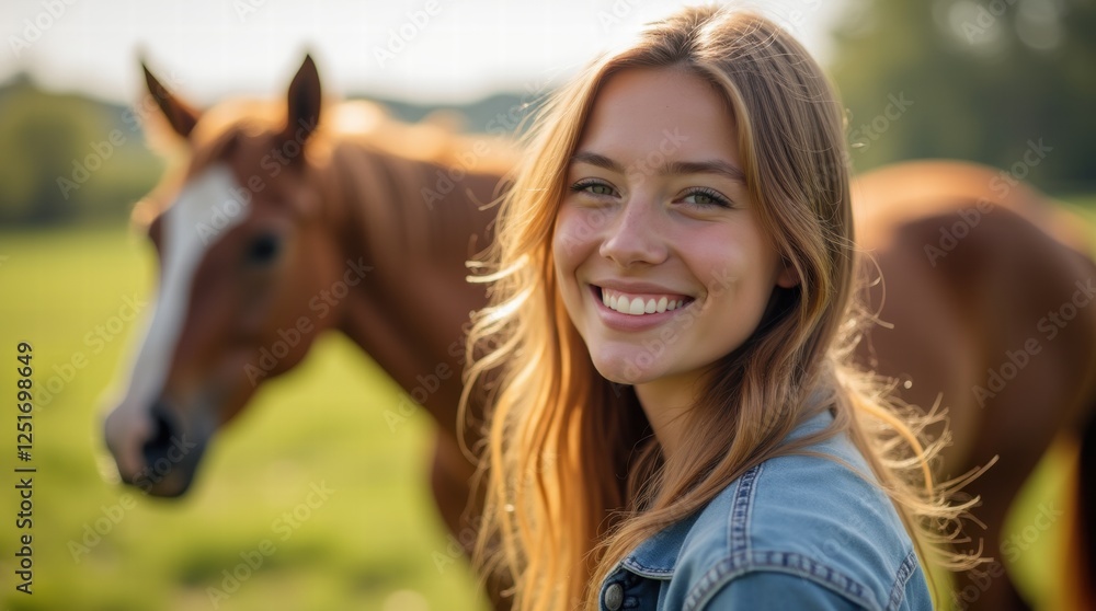 Obraz premium A smiling young woman with a horse in the background