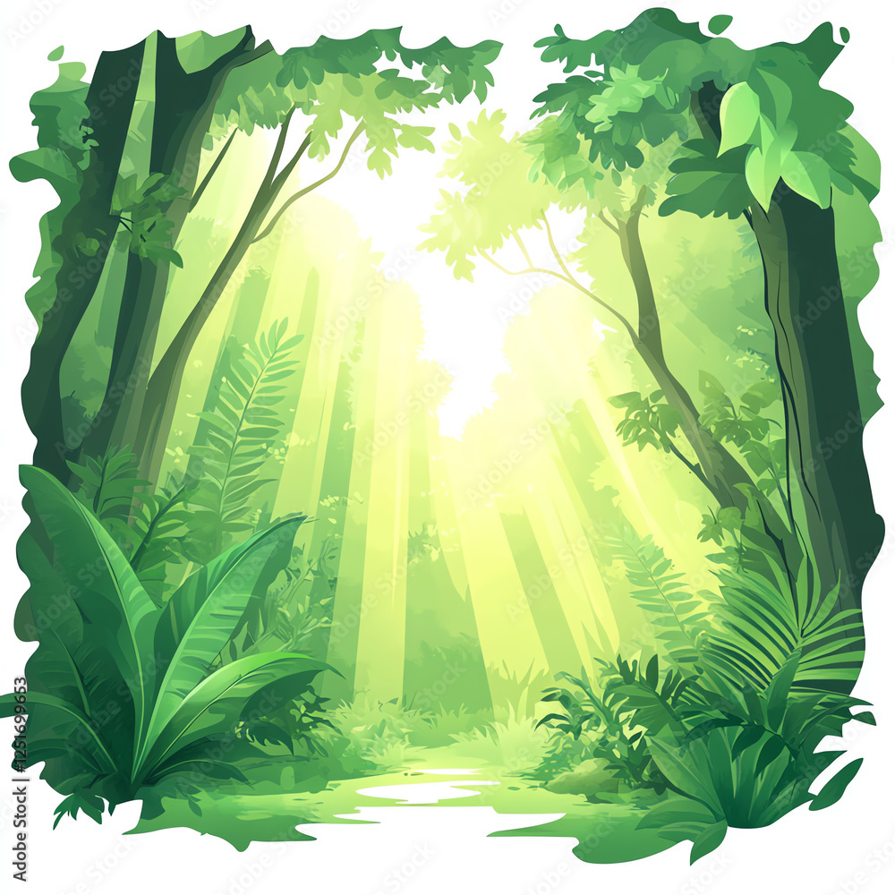 Obraz premium A vibrant, lush forest showcasing rich greenery and sunlight filtering through the trees, creating a serene atmosphere ideal for nature enthusiasts and eco-friendly projects.