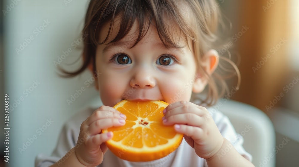 A small child eats a slice of orange A small child eats a slice of orange