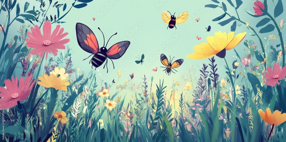 Fototapeta premium Illustration of butterflies and bees among flowers and grasses