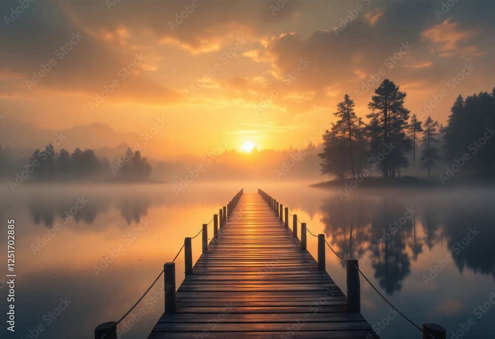 Wooden Pier Leading to Foggy Lake at Sunrise with Orange Glow Wooden Pier Leading to Foggy Lake at Sunrise with Orange Glow