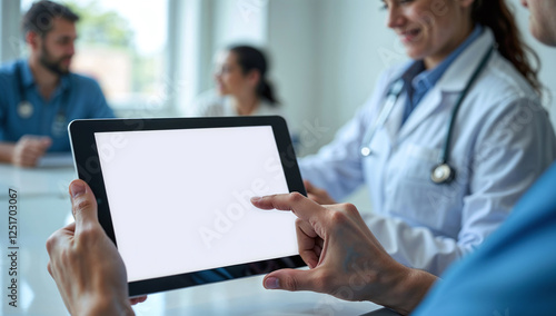 Medical professional holding a tablet with an empty screen for mockup ui