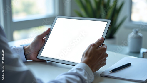 Professional holding a tablet with an empty screen for mockup ui