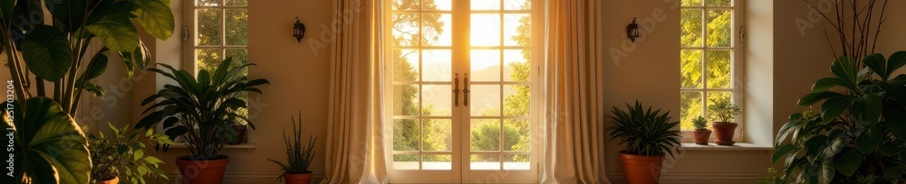 Naklejka premium Elegant French doors, sunlight streaming through, house, dwelling, window