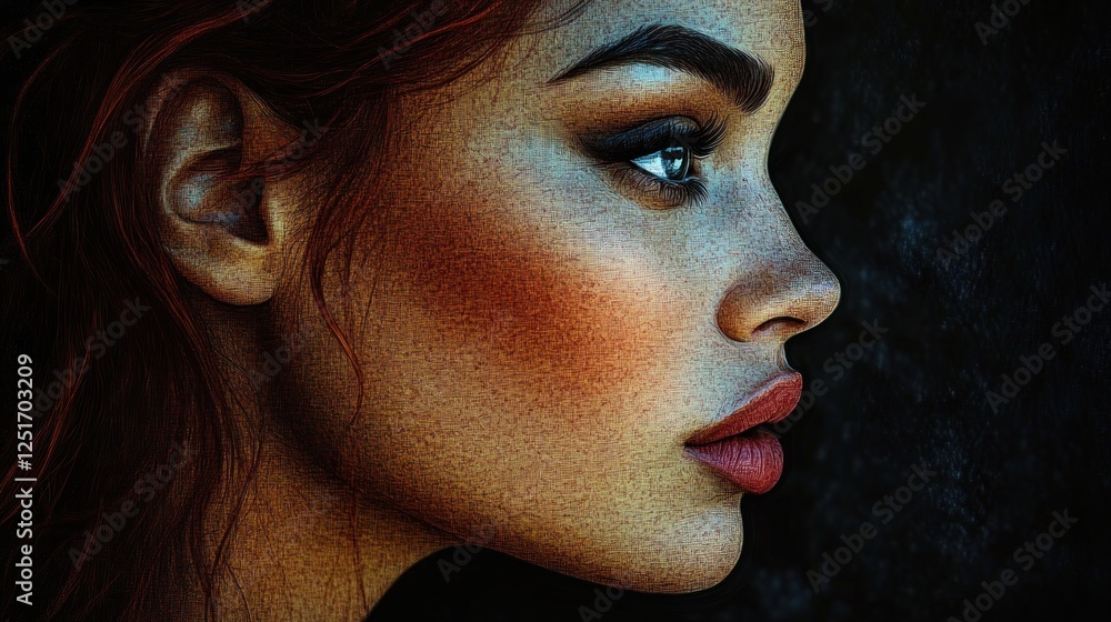 Hyper-realistic portrait of a woman in profile with dramatic lighting and rich textures Hyper-realistic portrait of a woman in profile with dramatic lighting and rich textures