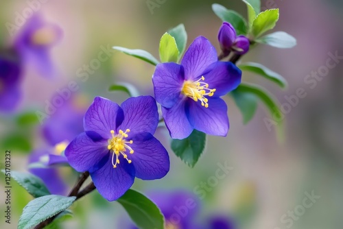 purple plum blossoms blooming on the branch, with a blurred background.