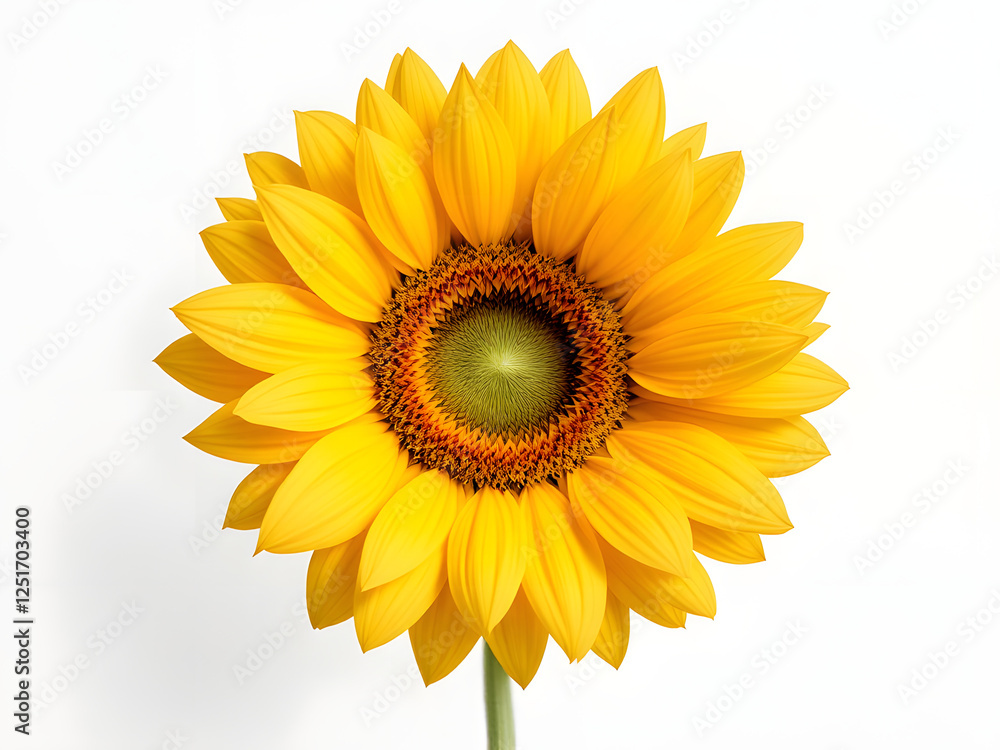 Fototapeta premium Sunflower, yellow, bright, petals, center, brown, seeds, vibrant, nature, flower, bloom, summer, plant, golden, floral, close-up, isolated, background, white, fresh, natural, botanical, garden, sunny,
