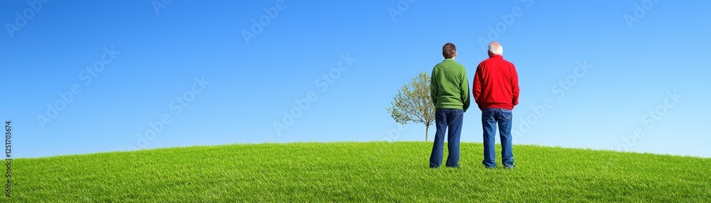 Two men on a grassy hill, looking at a tree, clear sky Two men on a grassy hill, looking at a tree, clear sky
