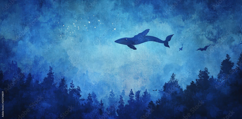 Obraz premium Whale soars gracefully through a dreamy night forest scene