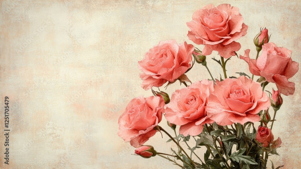 Elegant arrangement of salmon pink roses and buds against textured backdrop Elegant arrangement of salmon pink roses and buds against textured backdrop