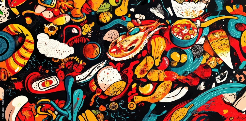 Fototapeta premium Vibrant and abstract depiction of diverse food ingredients and dishes