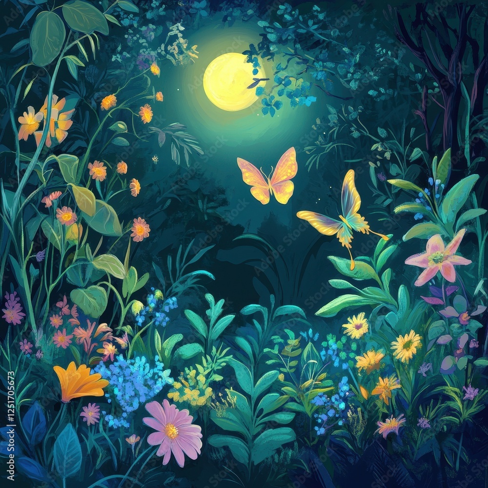 Two butterflies fly under a glowing moon in a garden Two butterflies fly under a glowing moon in a garden