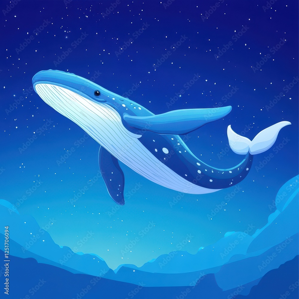Fototapeta premium Cartoon whale soars through a vibrant blue starry night
