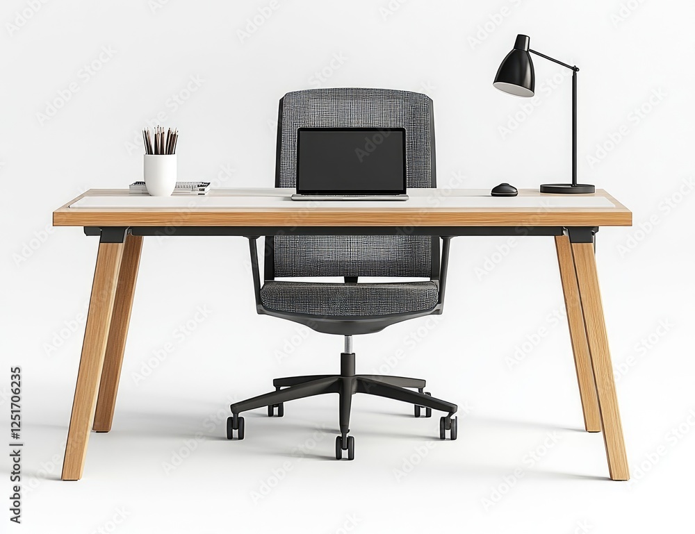 An office desk with an empty chair, set against a white background. the desk that holds a laptop computer An office desk with an empty chair, set against a white background. the desk that holds a laptop computer