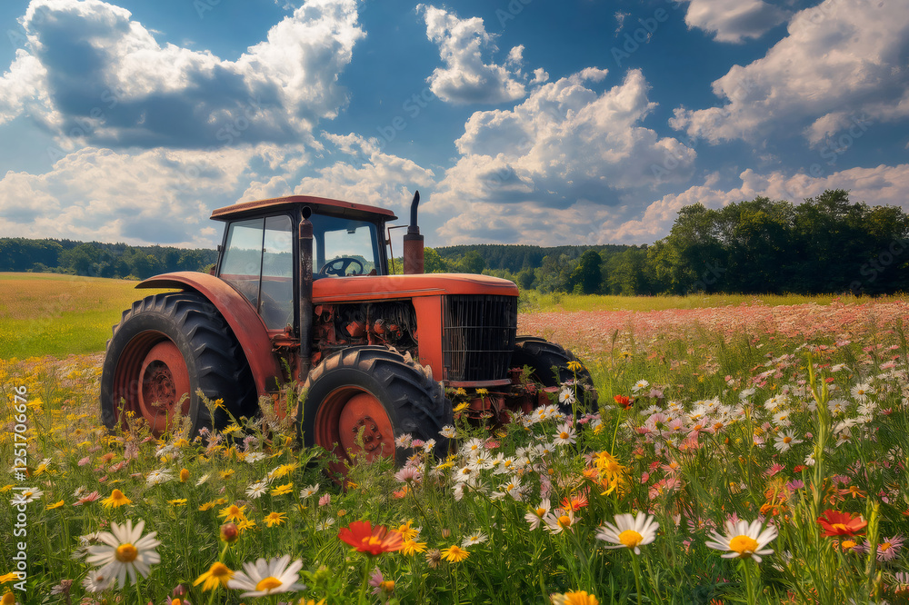 Naklejka premium Red tractor parked in a colorful field of wildflowers with a forest and a cloudy sky in the background, creating a picturesque rural landscape