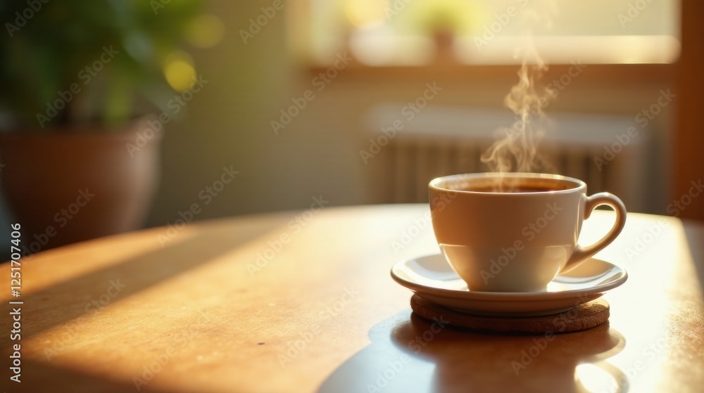 Warm morning sunlight illuminates a steaming cup of coffee, resting on a wooden table next to a blurred potted plant, creating a tranquil and inviting atmosphere