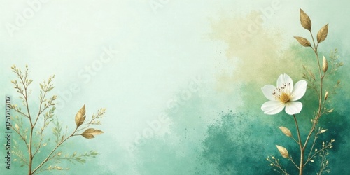 Elegant Botanical Illustration Delicate White Flower with Golden Branches on a Soft Green Watercolor Background