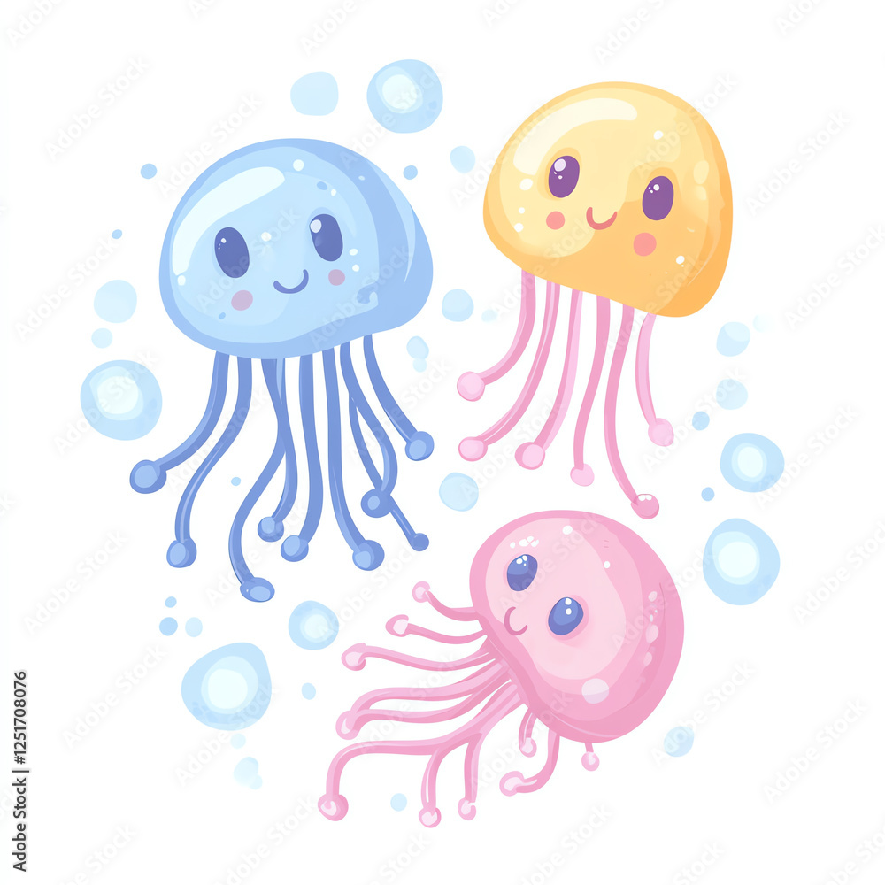 Colorful and whimsical jellyfish floating playfully in a bubbly ocean setting Colorful and whimsical jellyfish floating playfully in a bubbly ocean setting