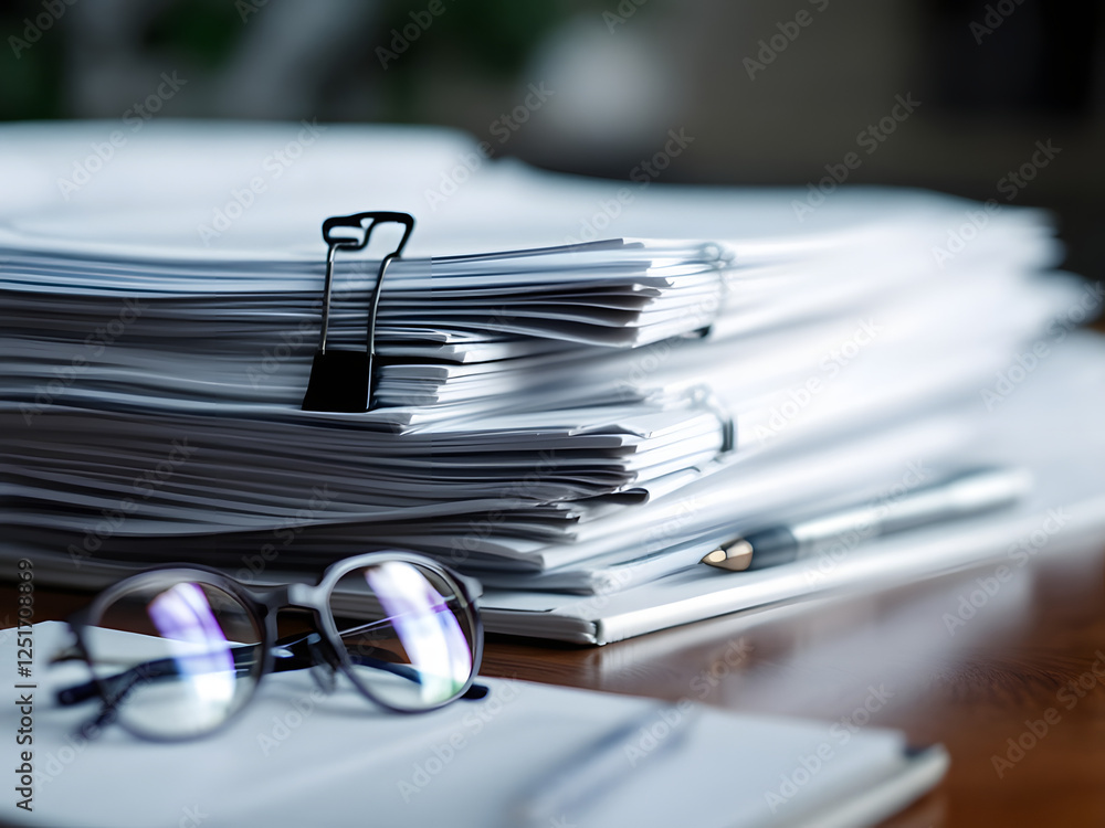 Glasses on stacked papers, organized desk setup, modern workspace for focused work. Glasses on stacked papers, organized desk setup, modern workspace for focused work.