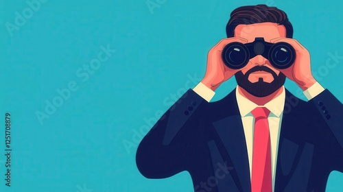 business mindset goals focus Entrepreneur with binoculars, identifying clear business goals, flat design illustration photo