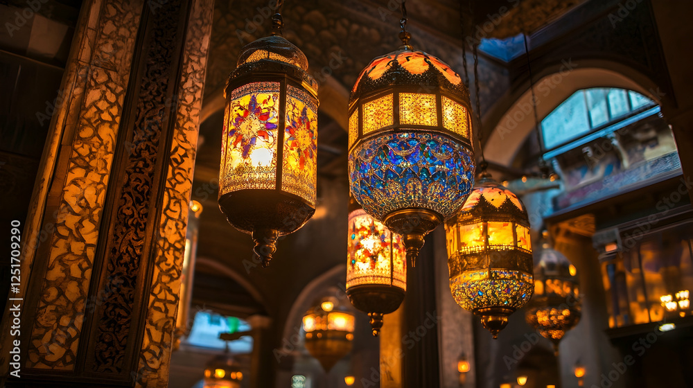 Obraz premium Eid Mubarak Celebration with Arabic Lantern Hanging from Ceiling