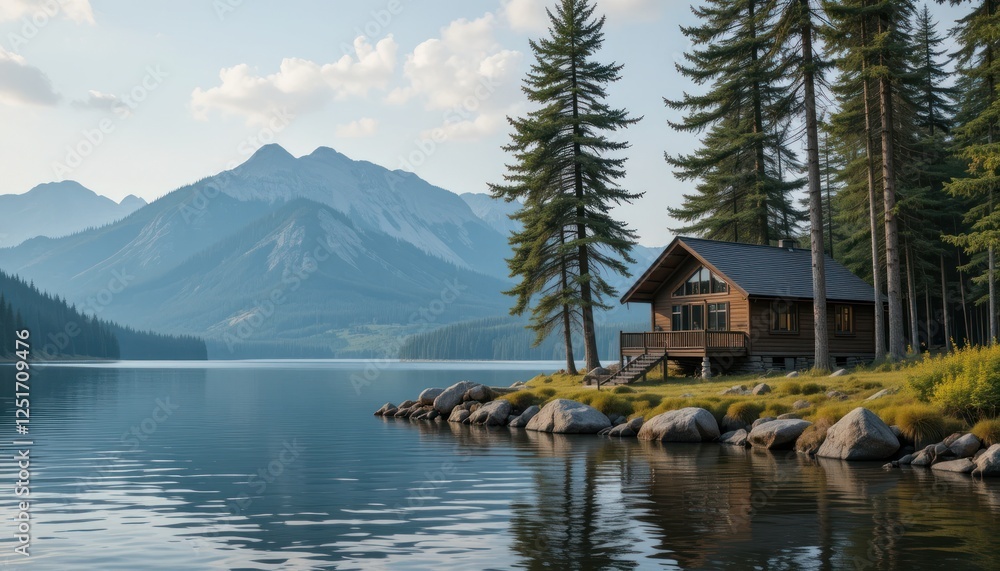 Fototapeta premium Serene mountain cabin by tranquil lake
