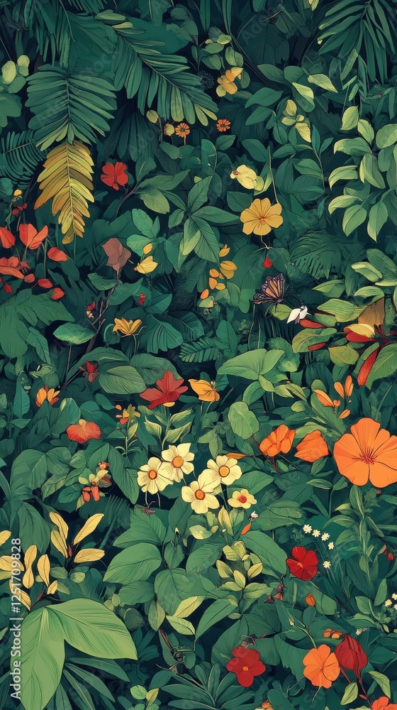Dense foliage showcases an array of vibrant colored flowers Dense foliage showcases an array of vibrant colored flowers