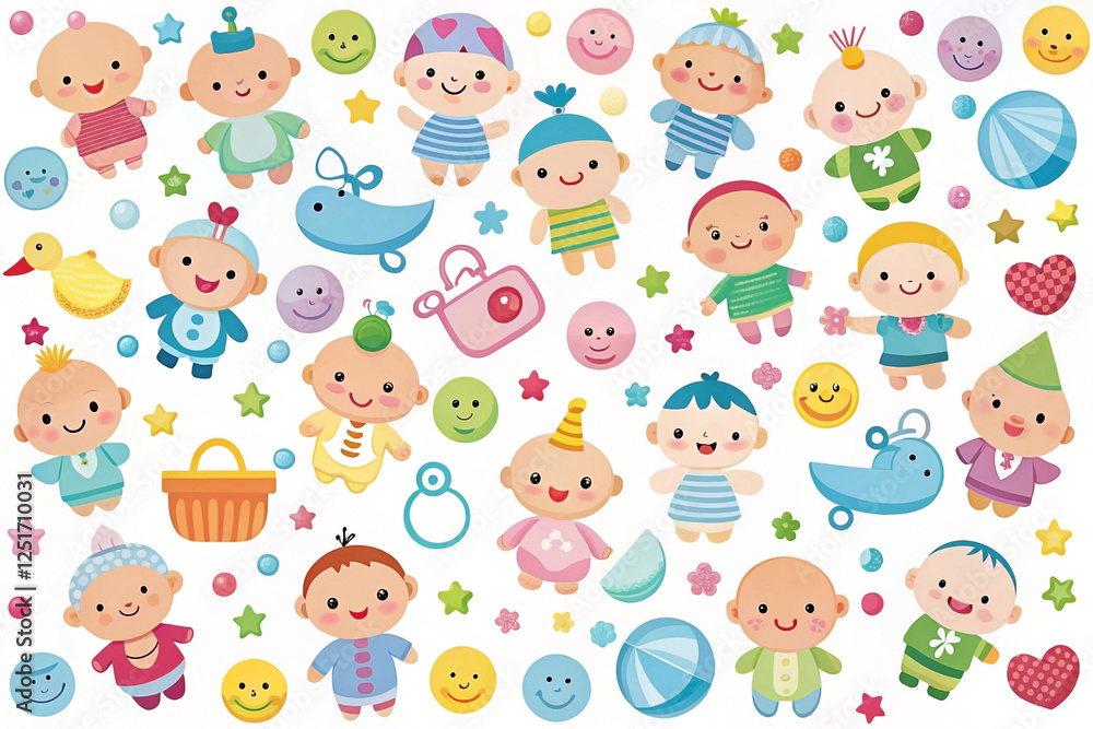 Cute Babies and Toys Background; Children's Illustration; Digital Art; Use Greeting Card, Print, Baby Clothing Cute Babies and Toys Background; Children's Illustration; Digital Art; Use Greeting Card, Print, Baby Clothing