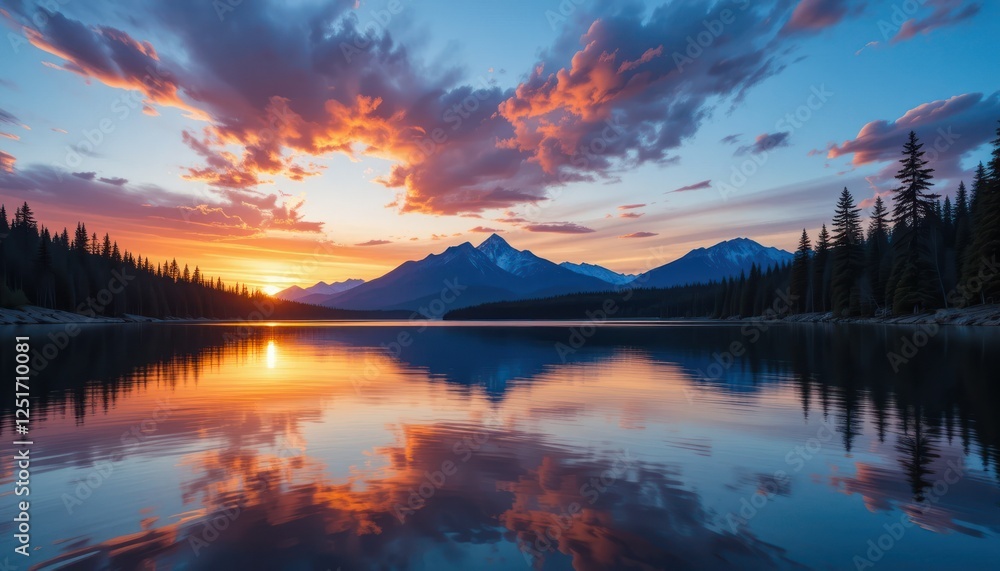 Fototapeta premium Sunrise mountain lake reflection, scenic travel poster