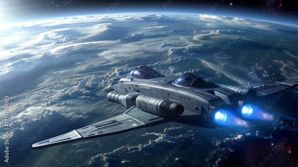 An illustration of a spaceship made in the form of a gray aircraft flying in space against the background of planet Earth. Space expedition, tourism. An illustration of a spaceship made in the form of a gray aircraft flying in space against the background of planet Earth. Space expedition, tourism.