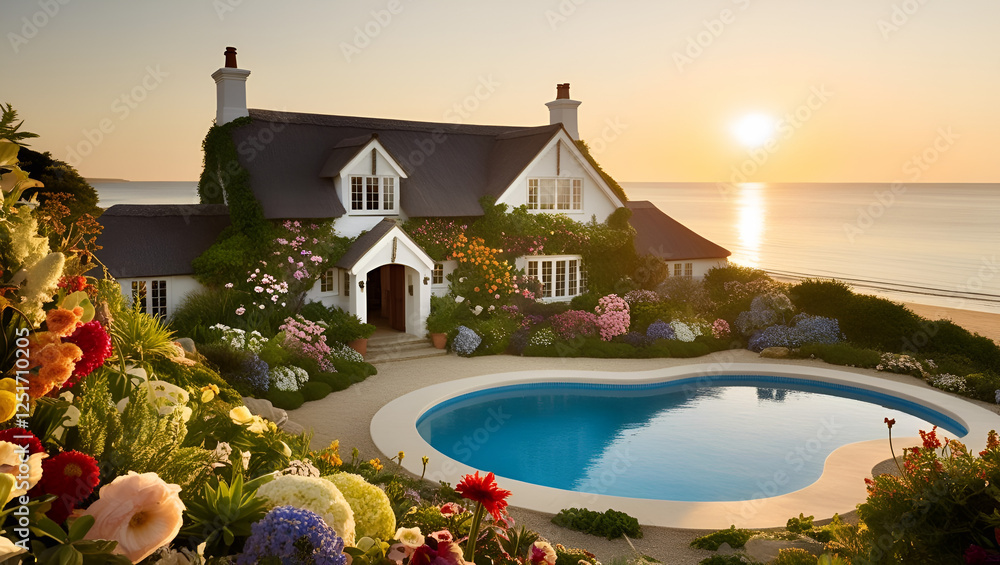 Naklejka premium English Cottage Pool Villa at the Beach