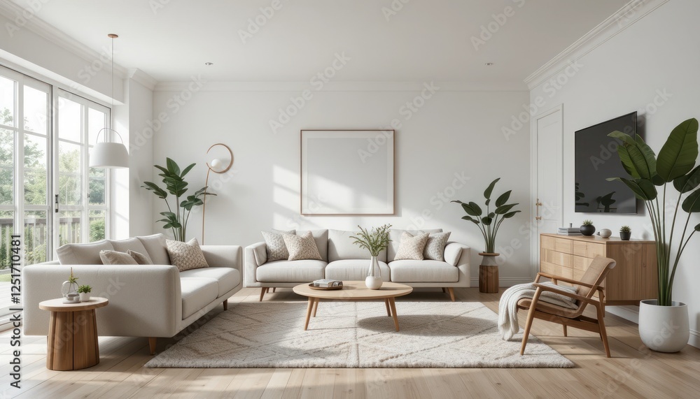 Modern living room interior design, sunlight, plants, mockup Modern living room interior design, sunlight, plants, mockup