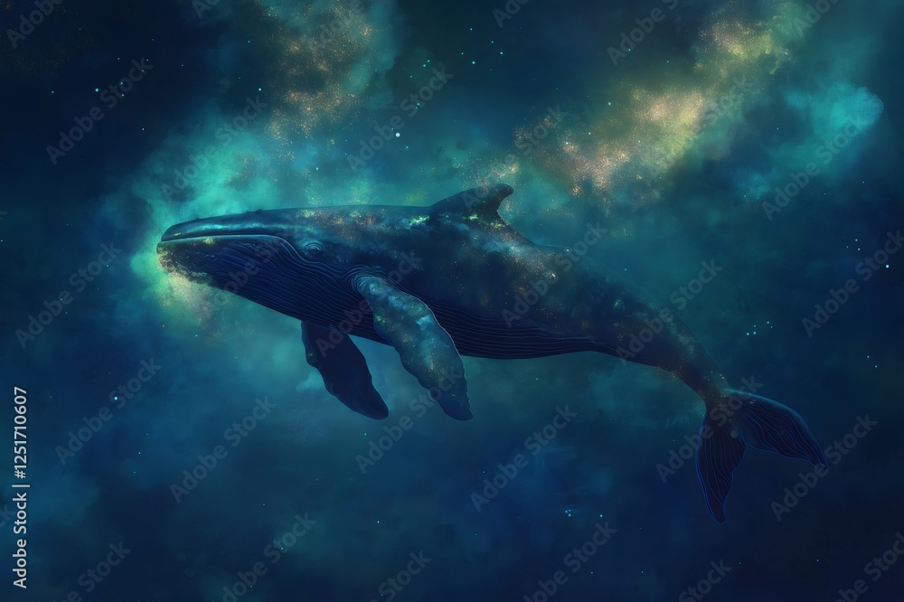 Obraz premium Large whale gliding gracefully through a cosmic ocean, creating an enchanting and surreal atmosphere filled with wonder and tranquility