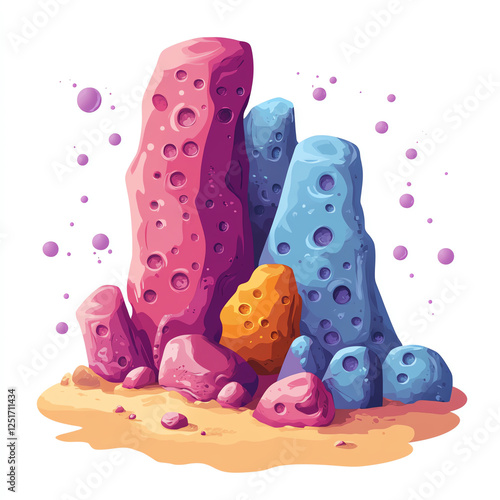 Vibrant and colorful illustration of abstract rock formations, showcasing a blend of pink, blue, and orange hues against a subtle sandy background, ideal for creative projects. photo