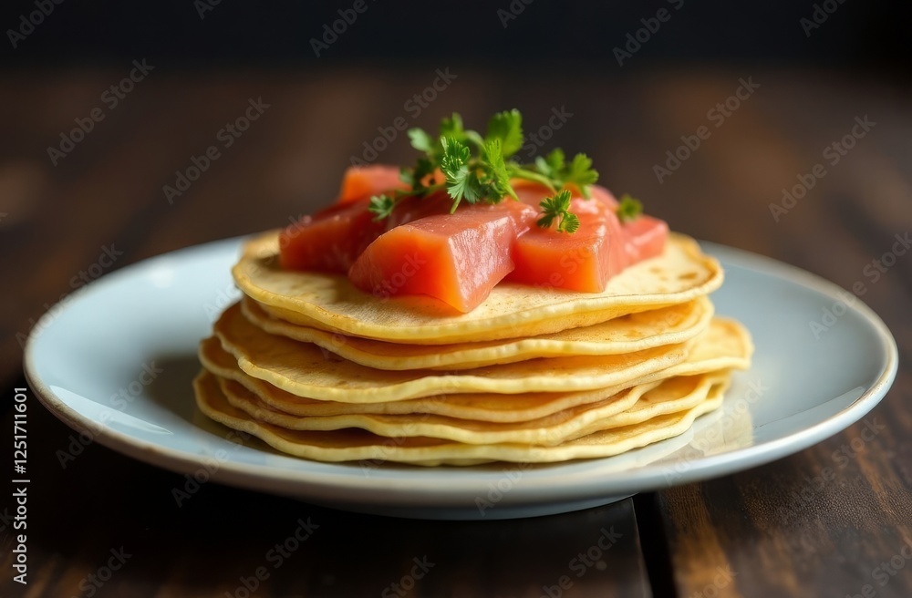 Pancakes on a plate with a lightly salted piece of red fish. Maslenitsa holiday concept. Hearty breakfast Pancakes on a plate with a lightly salted piece of red fish. Maslenitsa holiday concept. Hearty breakfast