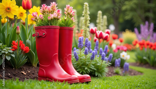 Red boots filled with flowers in a colorful garden