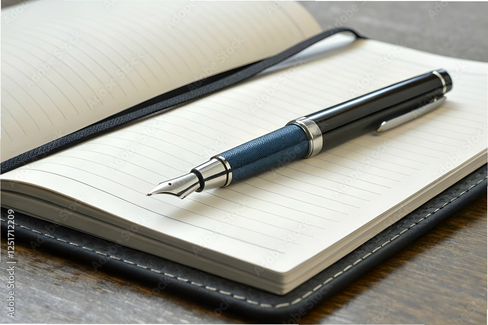 Student Life, A sleek fountain pen rests on an open notebook, inviting creativity and reflection on a rustic wooden surface. Student Life, A sleek fountain pen rests on an open notebook, inviting creativity and reflection on a rustic wooden surface.