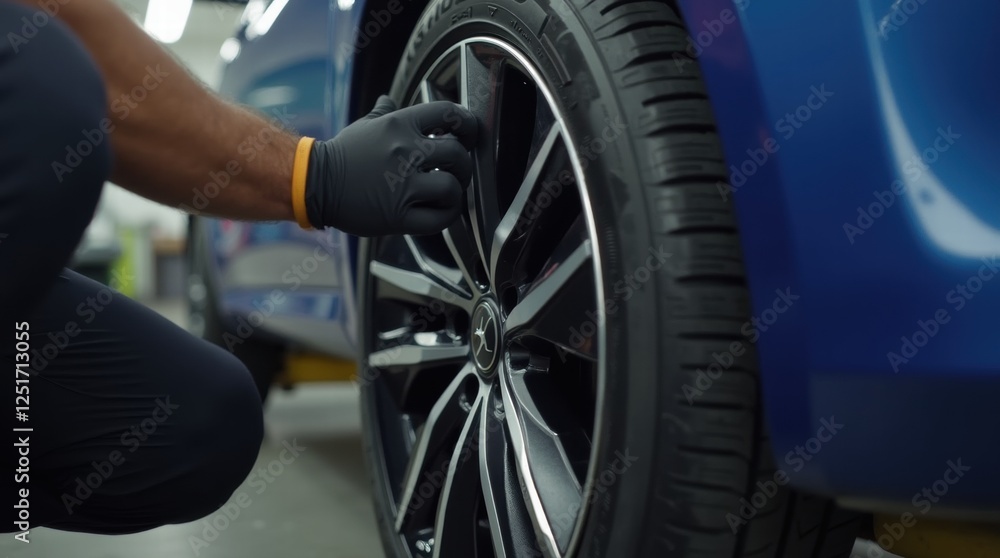 Close up of mechanic wearing gloves installing new tire on car in workshop. Close up of mechanic wearing gloves installing new tire on car in workshop.