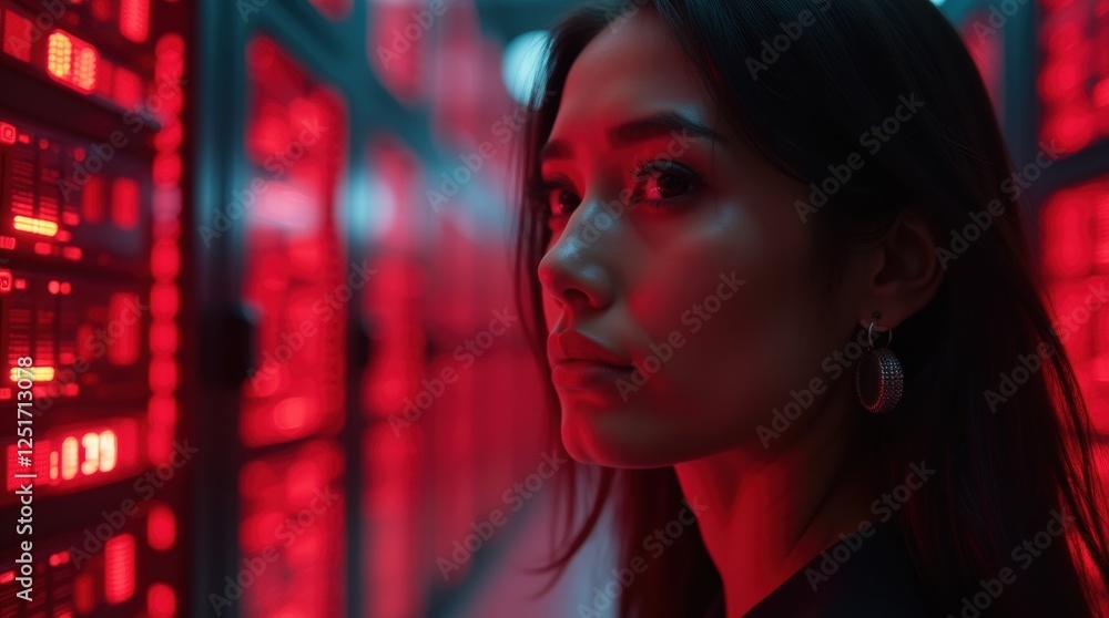 a woman in a data center, surrounded by glowing red servers a woman in a data center, surrounded by glowing red servers