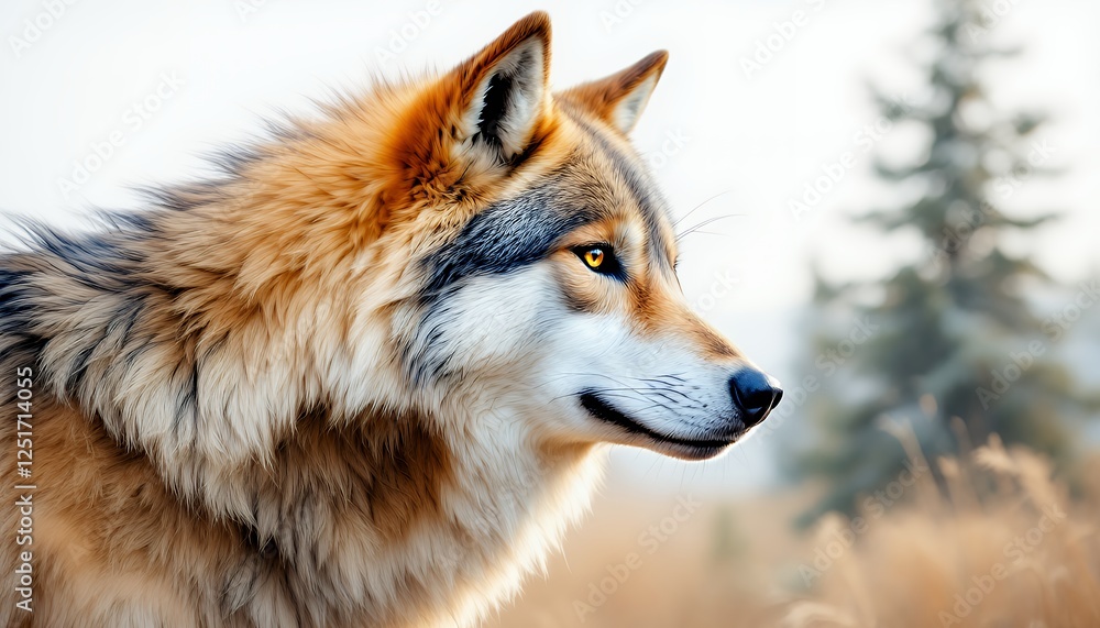 Fototapeta premium Wolf Profile Portrait Looking Ahead in Grassy Field with Tree
