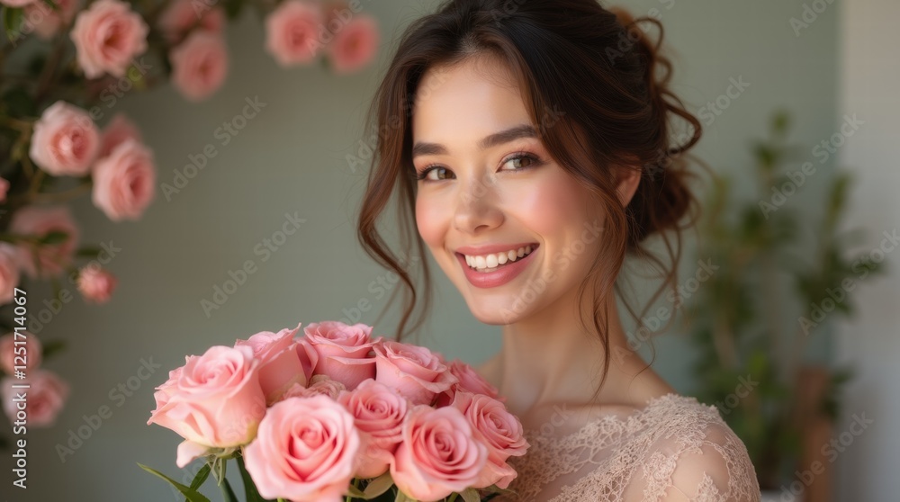 Smiling woman holding a bouquet of roses Smiling woman holding a bouquet of roses